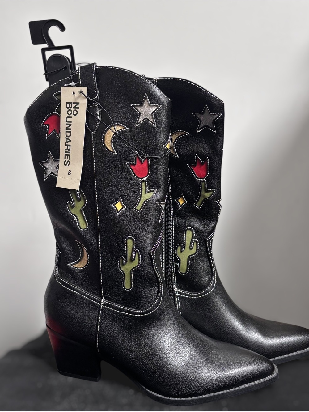 No Boundaries Black Patchwork Western Boots - Black with Red & Green Accents